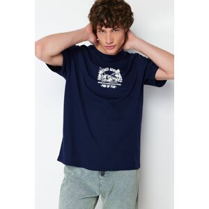 Trendyol Navy Blue Men's Relaxed/Comfortable Fit Fluffy Landscape Printed 100% Cotton T-Shirt