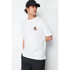 Trendyol Ecru Relaxed/Casual Fit Horse/Animal Embroidered Short Sleeve 100% Cotton T-Shirt