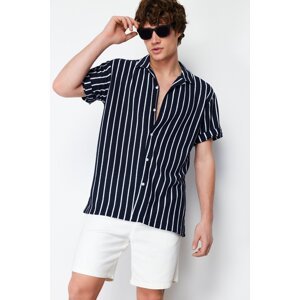 Trendyol Navy Blue Striped Relaxed Fit Knitwear Look Apache Collar Shirt