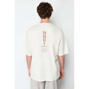 Trendyol Stone Oversize/Wide-Fit Text Printed Back 100% Cotton T-shirt