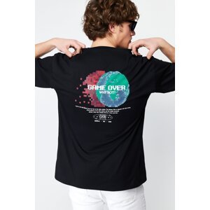 Trendyol Black Oversize/Wide Cut Space Back Printed 100% Cotton T-shirt