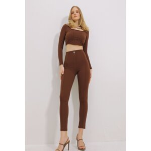Trend Alaçatı Stili Women's Brown High Waist Grassy Front Stretch Stretch Trousers