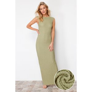 Trendyol Khaki Textured Fabric Fitted Moon Sleeve Knitted Midi Dress
