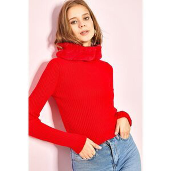 Bianco Lucci Women's Faux Fur Hooded Knitwear Sweater