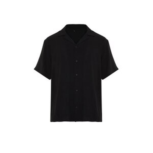 Trendyol Black Black Oversize Fit Summer Short Sleeve Linen Look Shirt Shirt