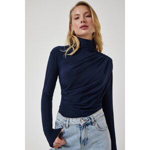 Happiness İstanbul Women's Navy Blue Gathered Detailed High Neck Sandy Blouse