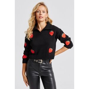 Cool & Sexy Women's Black Strawberry Patterned Knitwear Sweater