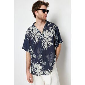 Trendyol Navy Blue Oversize Fit Leaf Printed 100% Viscose Short Sleeve Flowy Summer Shirt