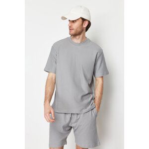 Trendyol Limited Edition Gray Oversize 100% Cotton Labeled Textured Basic Thick T-Shirt