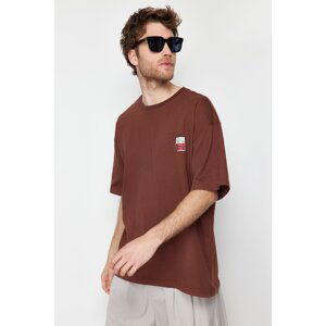 Trendyol Brown Oversize Label Text Printed 100% Cotton T-Shirt