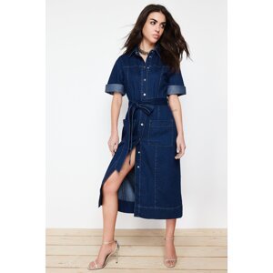 Trendyol Blue More Sustainable Belted Denim Maxi Dress