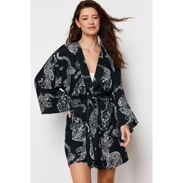 Trendyol Anthracite Leopard Patterned Viscose Woven Dressing Gown