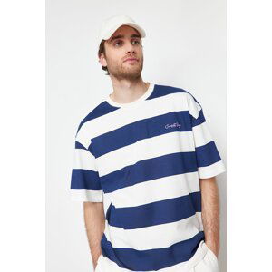 Trendyol Navy Blue Oversize Letter Embroidered Striped 100% Cotton T-Shirt