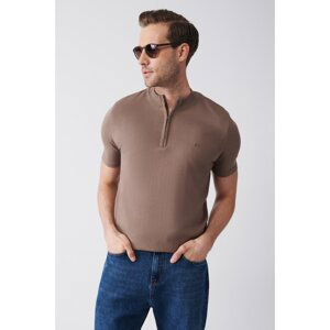 Avva Men's Mink Zippered Polo Neck Regular Fit Knitwear T-shirt