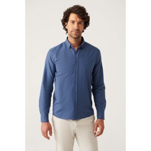 Avva Men's Indigo Buttoned Collar Comfort Fit Relaxed Cut 100% Cotton Linen Textured Shirt