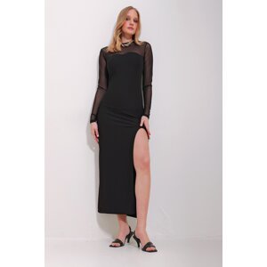 Trend Alaçatı Stili Women's Black Crew Neck Tulle Detailed Slit Midi Length Dress