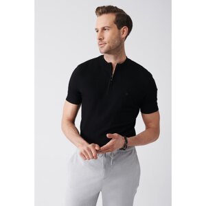 Avva Men's Black Zippered Polo Neck Standard Fit Regular Cut Knitwear T-shirt