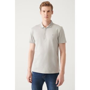 Avva Men's Gray 100% Cotton Zippered Standard Fit Regular Cut Polo Neck T-shirt