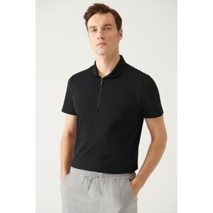 Avva Men's Black 100% Cotton Zippered Standard Fit Regular Cut Polo Neck T-shirt
