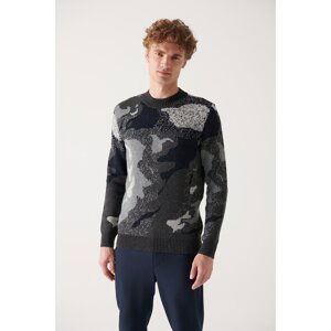 Avva Men's Gray Crew Neck Jacquard Regular Fit Woolen Sweater