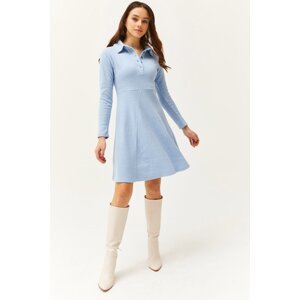 Olalook Women's Baby Blue Polo Collar Buttoned Mini Flared Dress