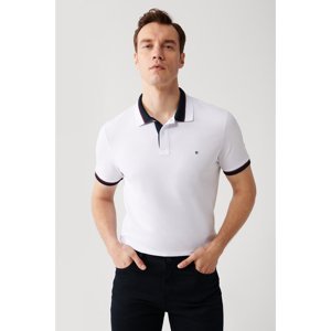 Avva Men's White Collar Striped 100% Cotton Standard Fit Normal Cut 2 Buttons Polo Neck T-shirt