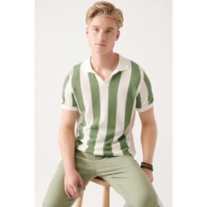 Avva Men's Aqua Green No Button Polo Neck Textured And Longitudinal Striped Ribbed Standard Fit Regular Cut Knitwear
