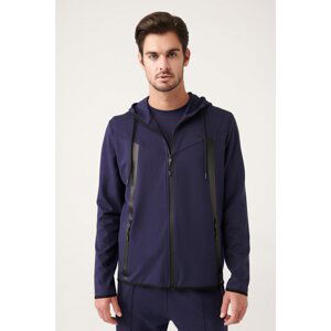 Avva Men's Navy Blue Interlock Fabric Hooded Collar Zippered Printed Standard Fit Regular Fit Sweatshirt