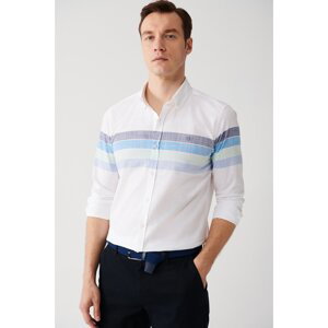 Avva Men's Green-white 100% Cotton Buttoned Collar Linen Textured Block Color Slim Fit Slim Fit Shirt31y2301