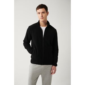 Avva Men's Black Fleece Sweatshirt Stand Collar Cold Resistant Zippered Regular Fit