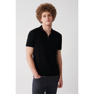 Avva Men's Black 100% Cotton Zippered Polo Neck Jacquard Slim Fit Narrow Cut T-shirt