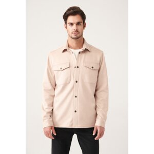 Avva Men's Beige Classic Collar Suede Textured Pockets Standard Fit Shirt