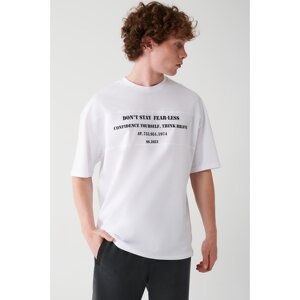 Avva Men's White Oversize 100% Cotton Crew Neck Text Printed T-shirt