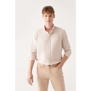 Avva Men's Beige Easy-Iron Button Collar Textured Cotton Standard Fit Regular Cut Shirt