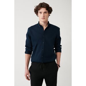 Avva Men's Navy Blue Shirt Buttoned Collar 100% Cotton Corduroy Velvet Regular Fit