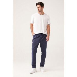 Avva Men's Indigo Side Pocket Elastic Waist Linen Textured Relaxed Fit Comfortable Cut Trousers