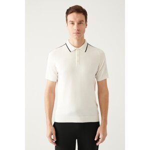 Avva Men's White Polo Collar Shoulder Stripe Detailed Ribbed Standard Fit Normal Cut Knitwear T-shirt