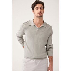 Avva Men's Gray Buttonless Polo Collar Textured Rayon Standard Fit Normal Cut Knitwear