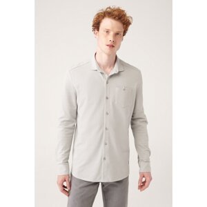 Avva Men's Gray 100% Cotton Classic Collar Pocket Standard Fit Normal Cut Knitted Shirt
