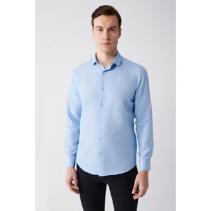 Avva Men's Light Blue Easy to Iron Classic Collar See-through Cotton Slim Fit Slim Fit Shirt
