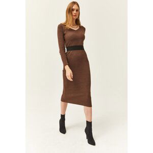 Olalook Women's Brown Pool Collar Thick Ribbed Midi Dress