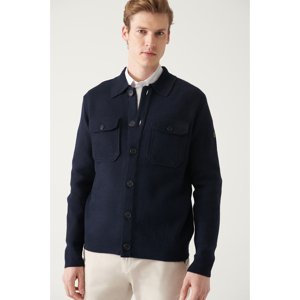 Avva Men's Navy Blue Woolen Chest Pocket Buttoned Polo Collar Standard Fit Normal Cut Cardigan Coat