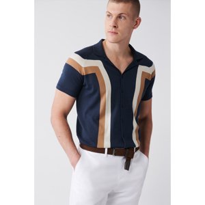 Avva Men's Navy Blue Cuban Collar Color Block Buttoned Standard Fit Normal Cut Knitwear T-shirt