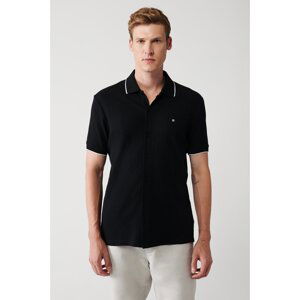 Avva Men's Black 100% Cotton Ribbed Jacquard Short Sleeve Knitted Standard Fit Regular Cut Shirt