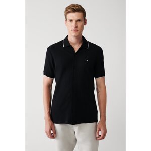 Avva Men's Black 100% Cotton Ribbed Jacquard Short Sleeve Knitted Regular Fit Shirt