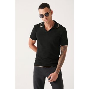 Avva Men's Black Buttonless Polo Neck Knitted Detailed Ribbed Standard Fit Normal Cut Knitwear T-shirt