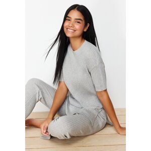 Trendyol Gray Cotton Ribbed Slit Detailed Knitted Pajamas Set