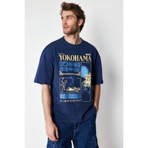 Trendyol Navy Blue Oversize Far Eastern Printed 100% Cotton T-Shirt