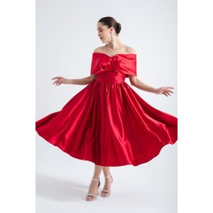 Lafaba Women's Red Boat Neck Flared Midi Satin Evening Dress