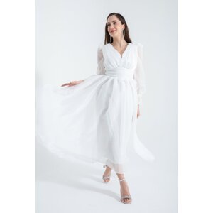 Lafaba Women's White Balloon Sleeve V-Neck Midi Evening Dress